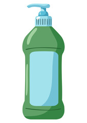 Single green bottle with pump dispenser of household chemicals. Liquid container for hygiene product. Clear label area for branding.
