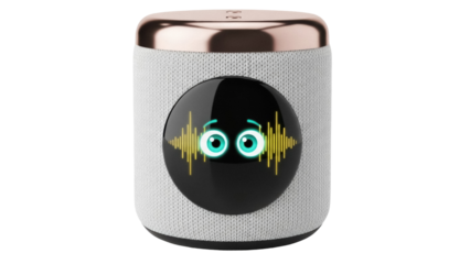 Isolated cute cylindrical speaker with smiling face and sound waves design on its display