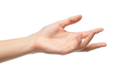 Isolated hand of a fair-skinned person reaching, beckoning gesture, palm open and fingers extended