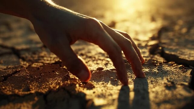 A hand reaching toward cracked, dry earth bathed in warm sunset light.