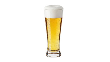 Isolated beer glass with golden lager and thick head, refreshing alcoholic beverage