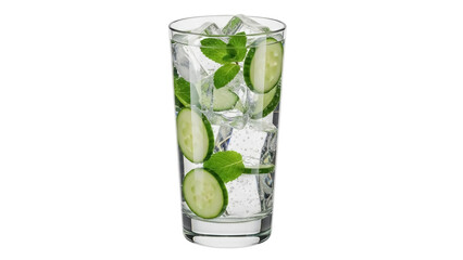 Isolated glass of fresh cucumber water with ice and mint, a refreshing summer beverage