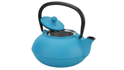Isolated turquoise cast iron teapot with lid, open with a black handle on a seamless background