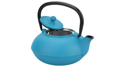 Isolated turquoise cast iron teapot with lid, open with a black handle on a seamless background