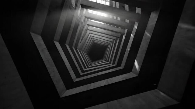 Captivating monochromatic perspective down a brutalist concrete shaft, showcasing the raw and powerful geometric forms of Brutalism architecture in an urban setting