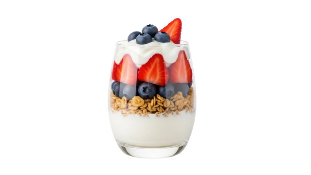 Isolated parfait dessert of Greek yogurt, granola, blueberries, strawberries; fresh, snack