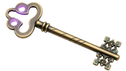 Isolated ornate key with floral design on blade and detailed handle, fantasy object