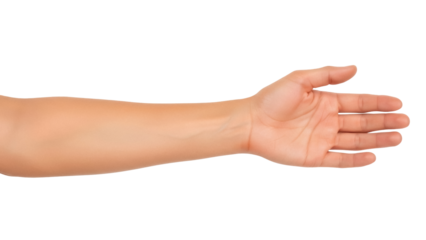 Isolated human arm and hand reaching, making gesture, presenting with open palm, on a neutral backdrop