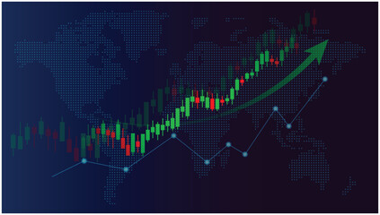 Bullish stock market candlestick chart with upward arrow and world map