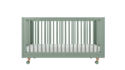 Isolated sage green crib with wheels, baby furniture for nursery design, child's bed