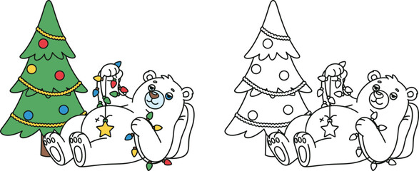 Cute Christmas Bear Decorating Tree with Lights Cartoon Illustration in Color and Outline