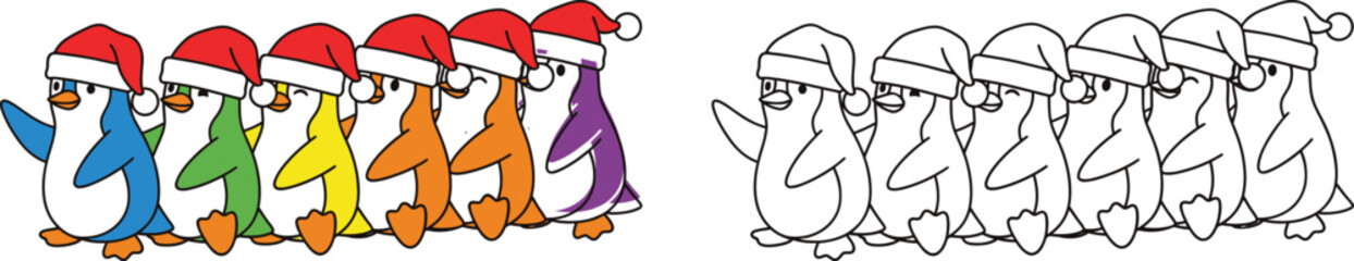 Cute Christmas Penguins with Santa Hats in a Row Colorful and Black Outline Versions