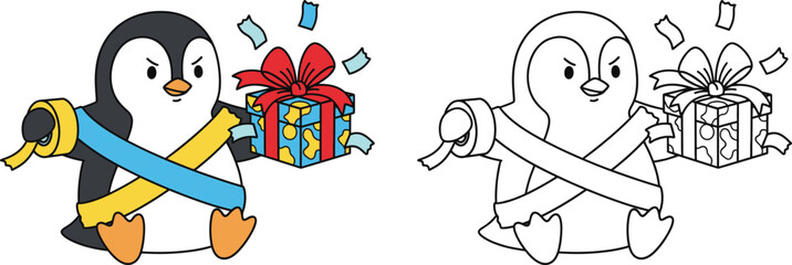 Angry Penguin with Gift and Wrapping Paper Cartoon Illustration in Color and Outline
