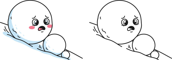 Cute Sad Cartoon Snowman Rolling Downhill Black and White Outline and Color Versions