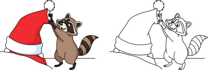 Playful Raccoon Reaching for Santa Hat Cute Christmas Cartoon in Color and Outline