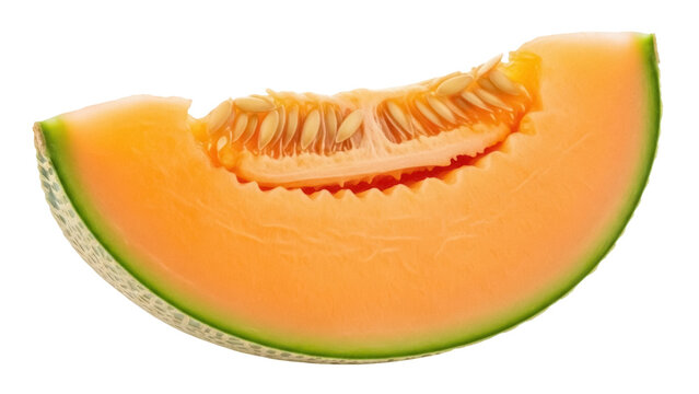 Isolated slice of cantaloupe showing the seeds, sweet and juicy, fresh produce