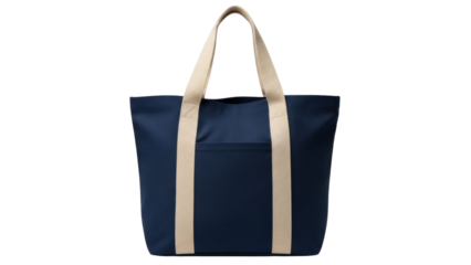 Isolated navy blue tote bag with beige straps for casual shopping and travel, no background