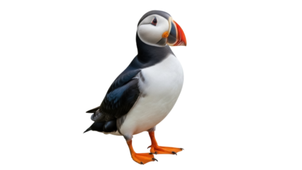 Isolated Puffin stands upright proudly showing vivid colors of beak and feet with pride