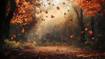 Vibrant Autumn Leaves Falling on a Serene Forest Path with Warm Sunlight Filtering Through Trees