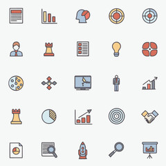 Collection of colorful line icons representing business strategy and innovation concepts