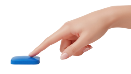 Isolated person presses a blue button with their index finger for activation or concept