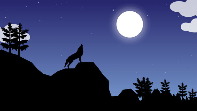 Silhouette of a Wolf Howling at the Glowing Full Moon on a Starry Night Sky with Pine Trees and Mountain Landscape