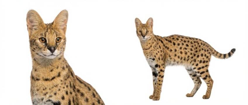 serval portrait in professional studio setting showcasing detailed spotted fur alert eyes and elegant posture against a clean white background for a striking wildlife close-up