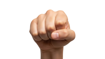 Isolated Caucasian clenched fist, skin tone, neutral gesture, studio shot, no background