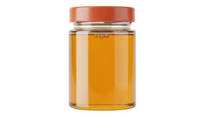 Isolated jar with natural golden fluid liquid, glass container, brown lid, airtight sealing