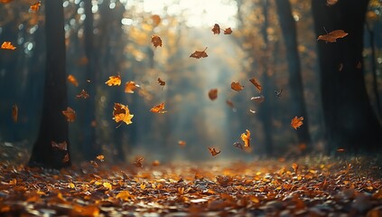 Vibrant Autumn Leaves Falling in Sunlit Forest, Creating Warm and Cozy Atmosphere