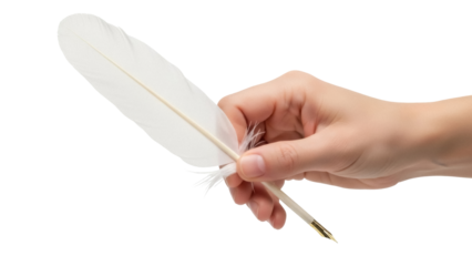 Isolated Hand holding a quill with a golden nib on a light backdrop for writing notes