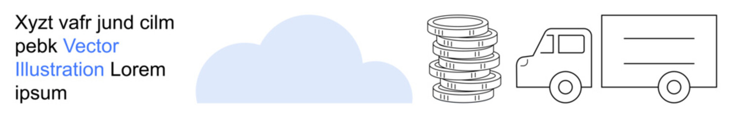 Cloud computing, logistics, data transport, digital storage, technology solutions, database infrastructure. Cloud, database icons and delivery truck outline. Cloud computing and logistics concept