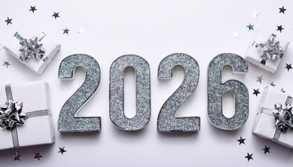  2026 numbers written with star silver glitters on white background with white gift boxes wit copy space
