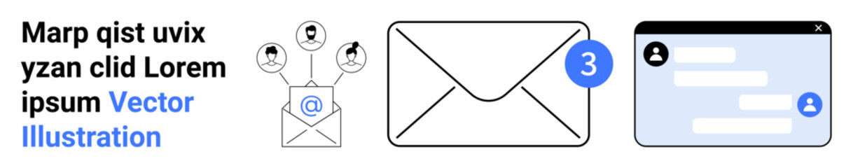 Obraz premium Email notifications, social connections, messaging interface, teamwork, communication, digital tools. Envelopes, notifications and social message interface . Email notifications and social