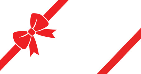 Diagonal red gift ribbon with large bow on clean white background, modern minimalist design with generous copy space, perfect for holiday, Christmas, sale banners, greeting cards.