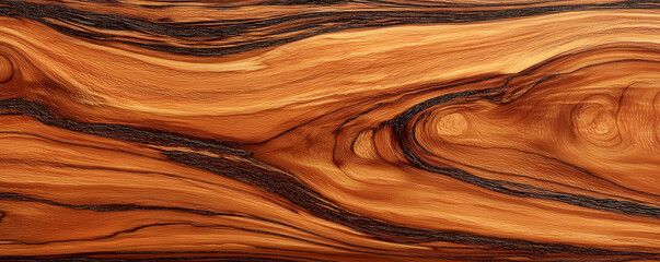 lacquered tigerwood texture with vivid orange-brown waves and reflective polished coating