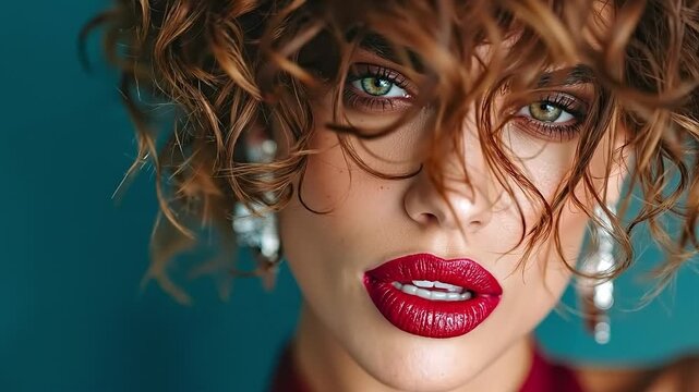 A woman with curly hair and red lipstick
