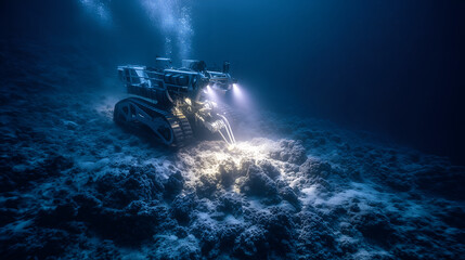 Autonomous underwater robots extracting rare earths from the deep sea, showing innovation, mining technology, and environmental impact.