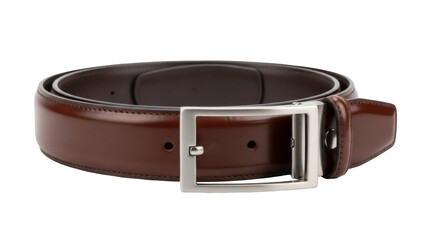 Isolated brown leather belt, silver buckle fashion accessory, smart casual style item