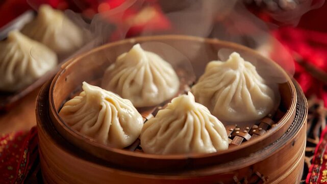 close-up of traditional Chinese dumplings on wooden steamer, festive red cloth in background