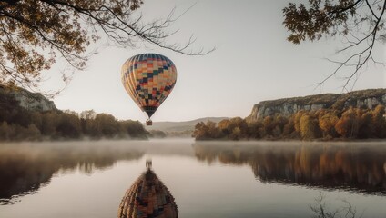 Hot Air Balloon Floating Over Misty Lake During Autumn.