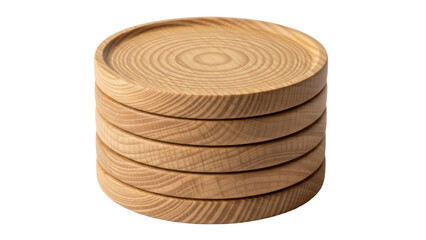 Isolated stack of wooden coasters close up with concentric grain pattern, table protection