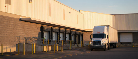 Industrial warehouse loading docks with parked delivery truck