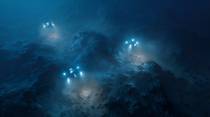 Polymetallic nodules with rare earth metals on the ocean floor, symbolizing deep sea resources, energy future, and ecological challenges.