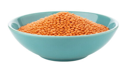 Isolated bowl filled with dried red lentils for healthy soup and nutritional cooking use