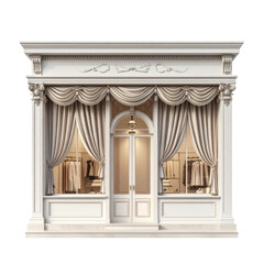 Obraz premium Elegant boutique front facade, soft lighting, draping, and ornate architectural details