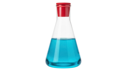 Isolated Erlenmeyer flask with blue liquid and red stopper, a glassware laboratory equipment