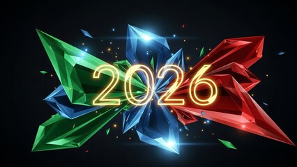 Glowing 2026 numerals emerge from sharp, vibrant, multifaceted geometric crystal shards on a dark abstract background. Abstract year glowing with light flares and particles floating around on black.