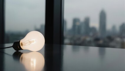 Illuminated bulb on table with city skyline backdrop.