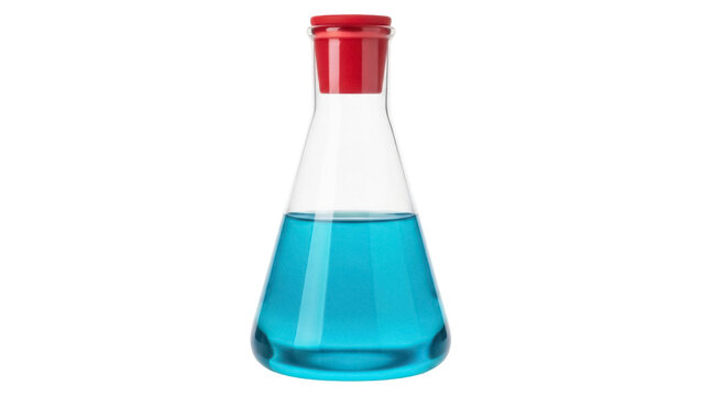 Isolated Erlenmeyer flask with blue liquid and red stopper, a glassware laboratory equipment
